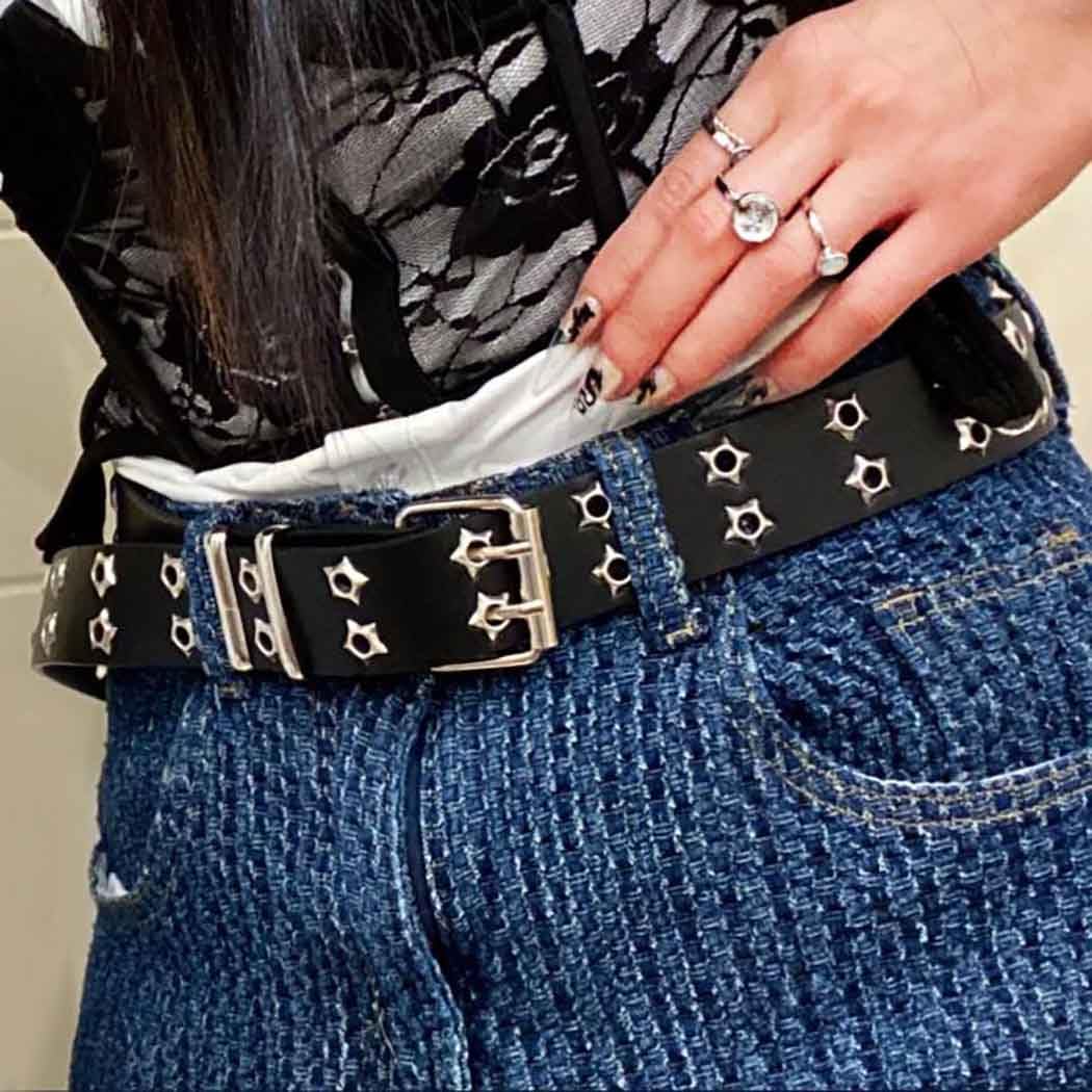 Yalice Double Grommet Leather Belts for Women Men Star Studded Belt for Jeans Pants Punk Black Waist Belt (Black)