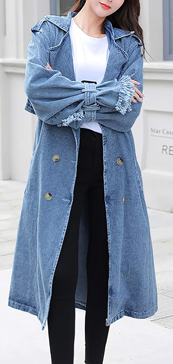 QZUnique Women Long Denim Jacket With Belt Jean Long Sleeve Trench Coat Button Down Casual Oversized Spring Tunic Outerwear - Image 2