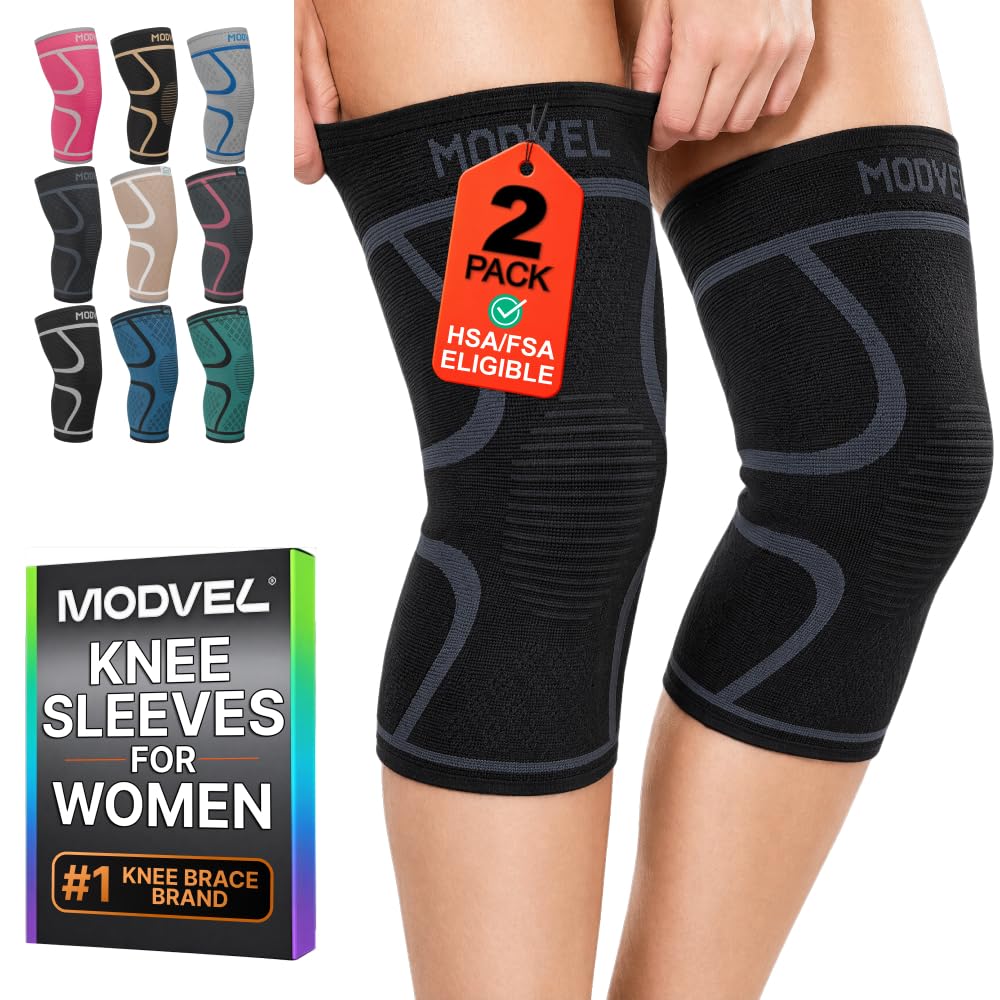 Modvel 2 Pack Knee Brace for Women - Knee Support for Walking, Knee Compression Sleeves for Pain Relief, Knee Sleeves for Women, Knee Brace for Sports, Workouts & Arthritis Black/Grey - Best Seller Medium