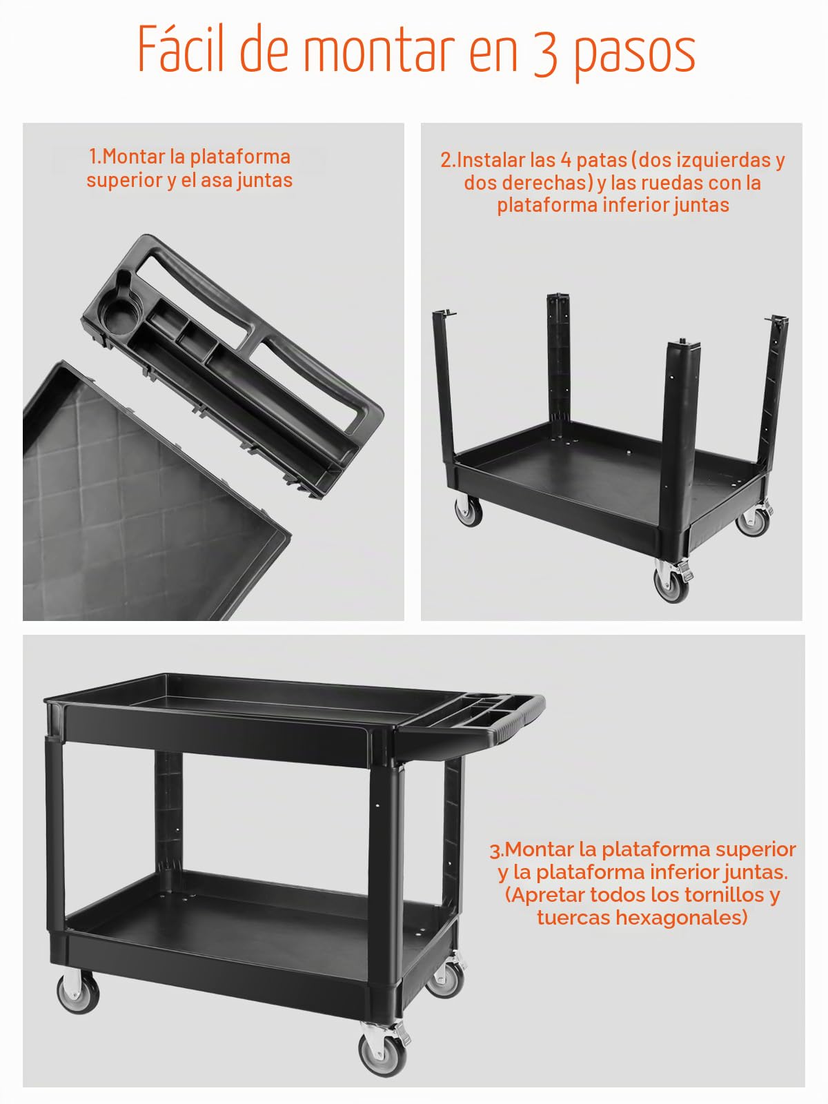 550 libras Carro Utilitario Sobre Ruedas, Kalolary Carro Rodante Capacidad Adicional 2 Niveles Carro Servicio Grande Multiusos con Asa Organizador Almacenamiento Negro Carro Herramientas Móvil Almacén
