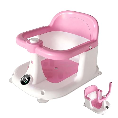 Asiento de baño para bebés de 6 meses en adelante, silla de bañera ajustable con diseño envolvente y sensor de temperatura, base antideslizante de 4