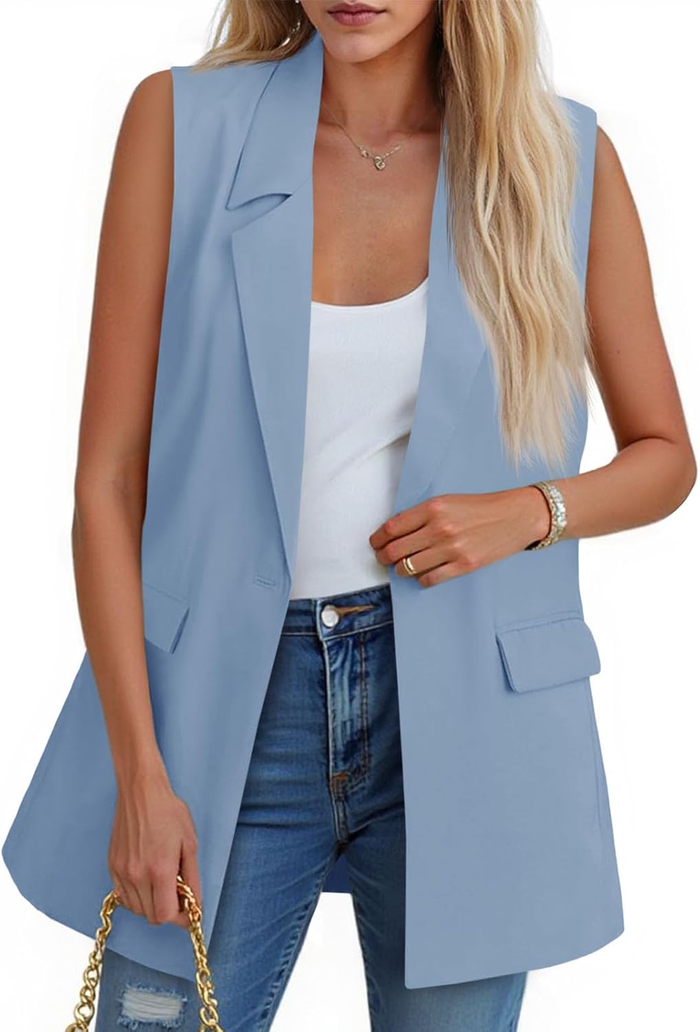Cicy Bell Women's Sleeveless Blazer Vest Casual Open Front Single Button Summer Jacket with Pockets