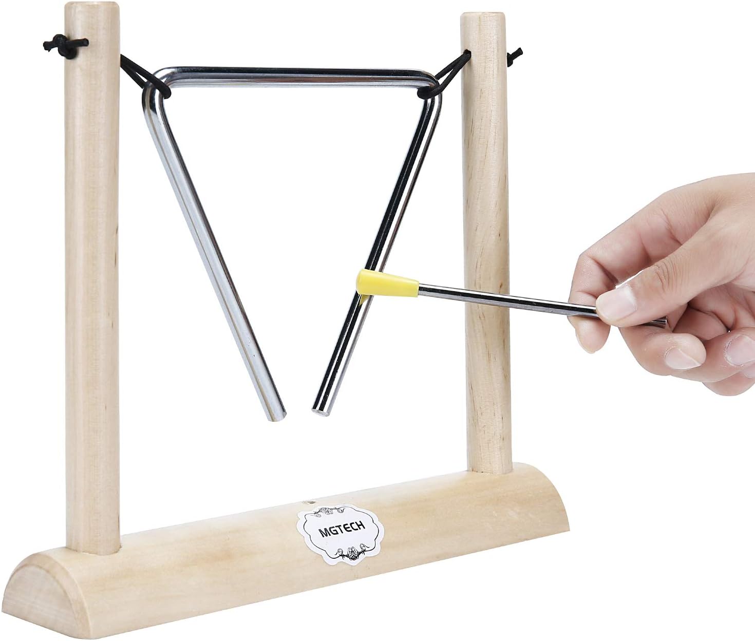 MGTECH6 Inch Musical Steel Triangle Percussion Instrument with Striker and Wooden Stand for Kids, Teachers’ Classroom Reminder Bell