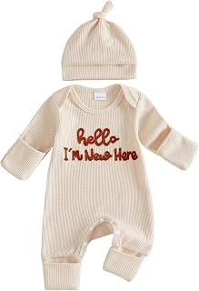 allshope Newborn Baby Boy Fall Outfit Romper Jumpsuit Infant Waffle Clothes | Letter Embroidery Cute Long Sleeve Round Neck Bodysuit Clothing