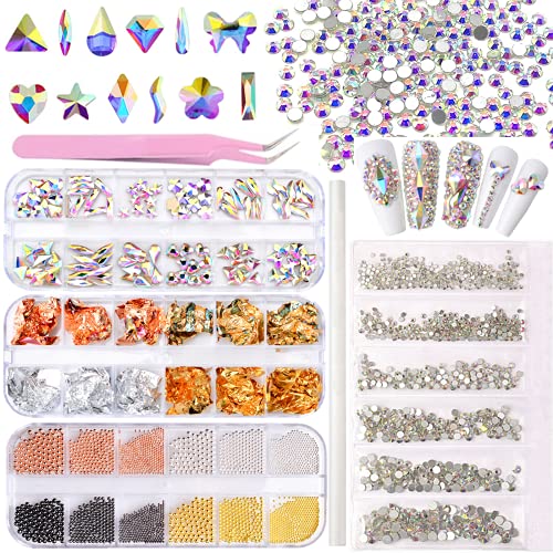 120 pcs K9 Glass Crystals Rhinestones,1440 pcs Glass Round Rhinestones with Nail Foil Chip and Metal Caviar, Tweezers and Picking Pen (AB)