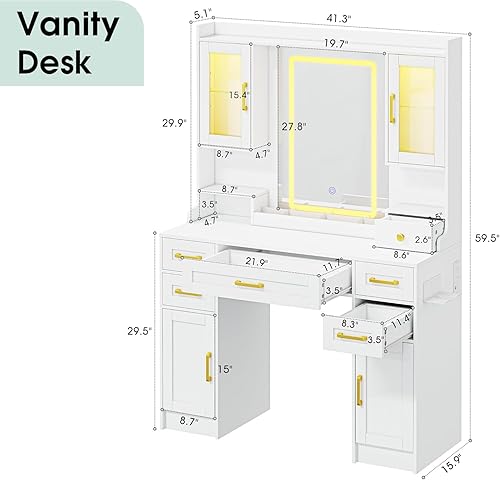 Miniatura 2 de Escritorio de tocador blanco con espejo y luces, moderno escritorio de tocador con estantes ajustables y luz LED, 6 cajones, estante para secador de