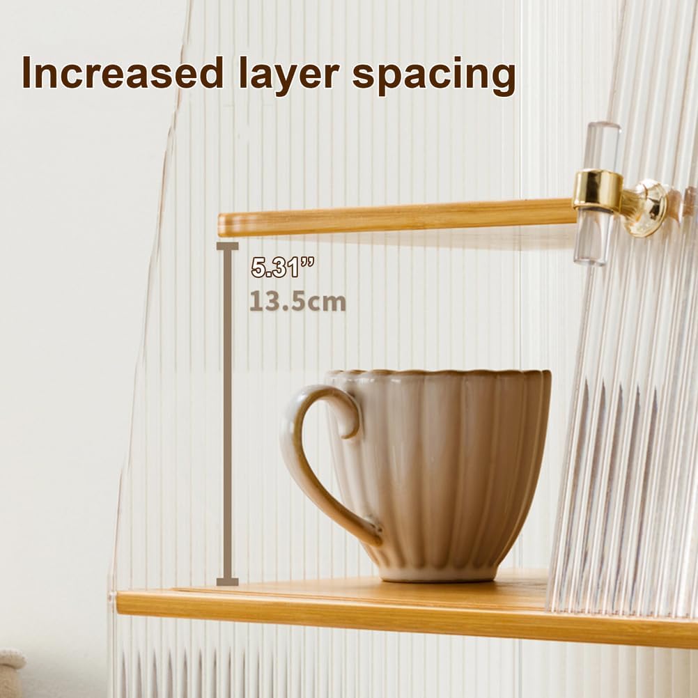 3-Tier Clear Acrylic Organizer, Mug Shelf with Sliding Doors, Display Coffee Cup Holder, Pantry Cabinet for Bowls, Spices, or Bathroom Storage,Brown