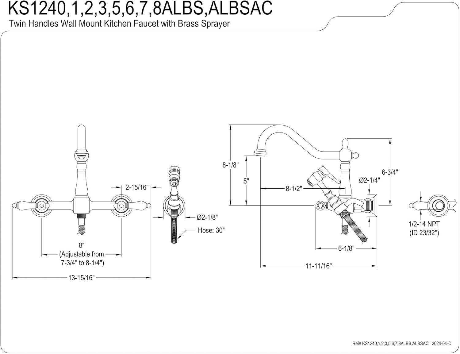 Kingston Brass KS1243ALBS Heritage 8-Inch Wall Mount Kitchen Faucet with Brass Sprayer, Antique Brass