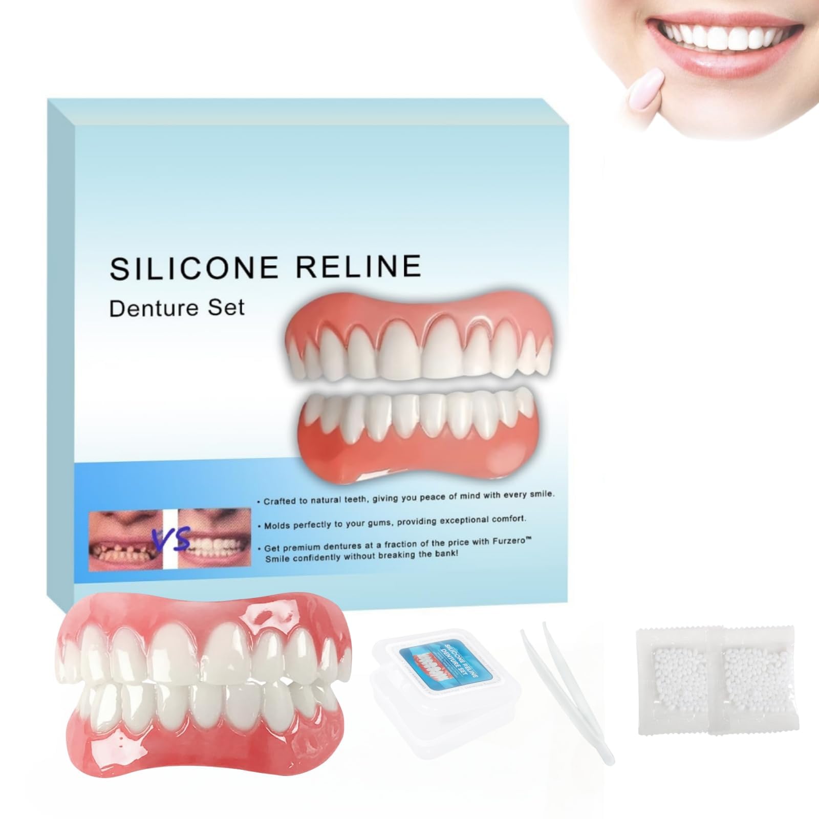 シリコン入れ歯セット シリコン製 着脱簡単 美白対応 再利用可能な上下入れ歯セット 飲食OK 男女兼用 ポータブル義歯 ケース付き 日本語の取扱説明書が付属