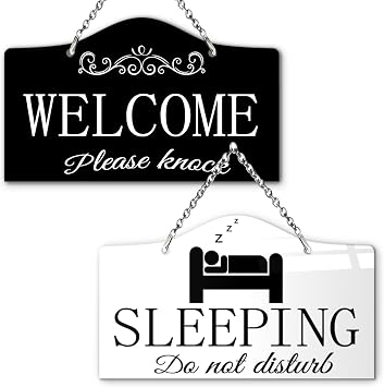 9"x5.35" Sleeping Do Not Disturb Door Knobs Hanger or Welcome Knock Hanging Sign Double Sided Signage Handmade Acrylic Plaque for Room Privacy Status