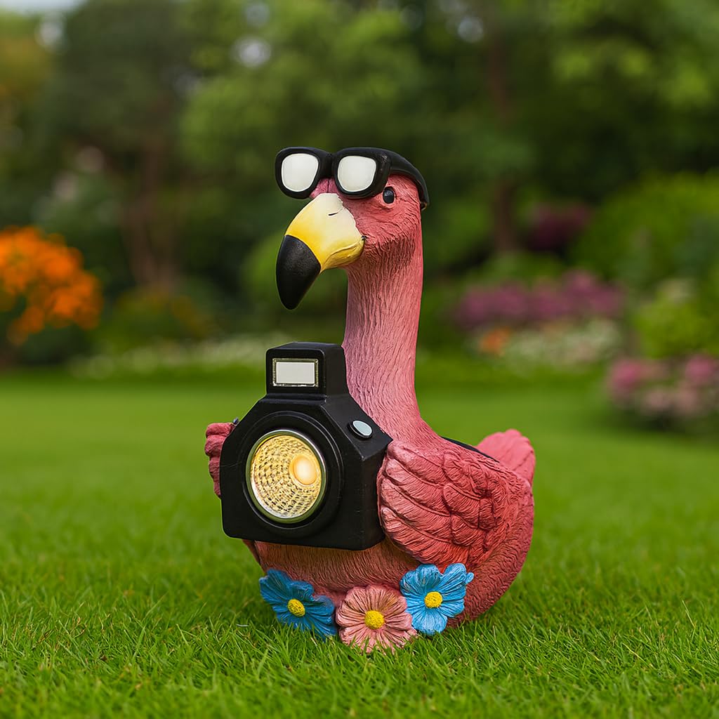 Estatua solar de jardín de flamenco con luz de cámara, figura solar de 5.5 pulgadas de alto para patio, balcón, decoración divertida de jardín, regalo para mujeres (flamenco)