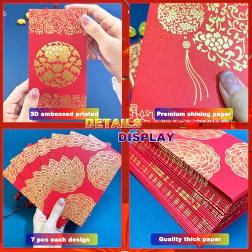 Envelopes vermelhos de ano novo chinês 36 peças, pacote de dinheiro da sorte Hong Bao com 12 padrões