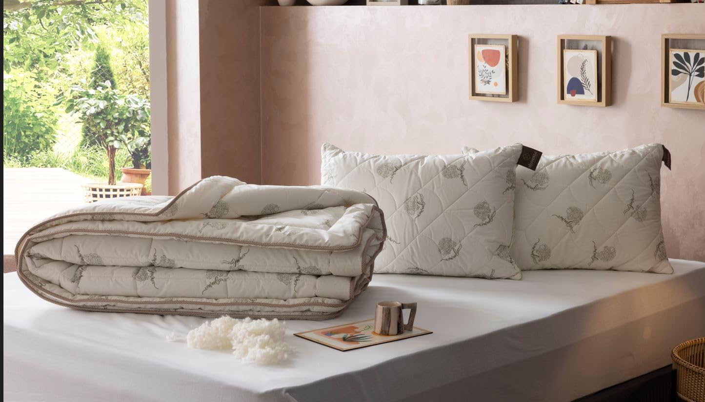 duvetta 100% Wool Comforter with Cotton Fabric Cover Premium Quality New Zealand Wool-All Season Useable- Machine Washable Duvet-Medium Weight Quilt