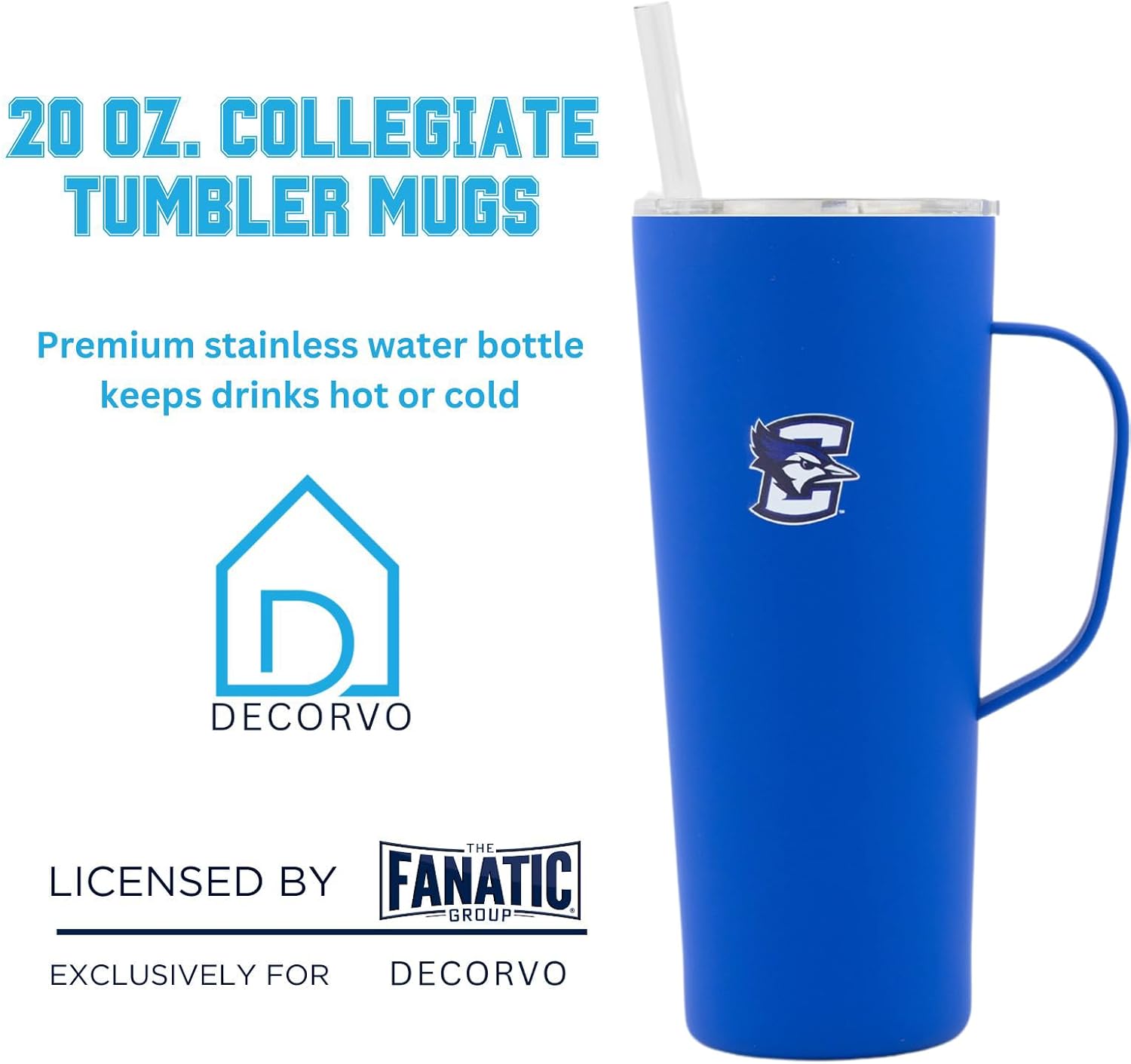 NCAA 20 oz. Stainless Steel Tumbler with Handle - Officially Licensed Double Walled Insulated Roadie with Slide Lid and Straw (Creighton Logo - Blue)