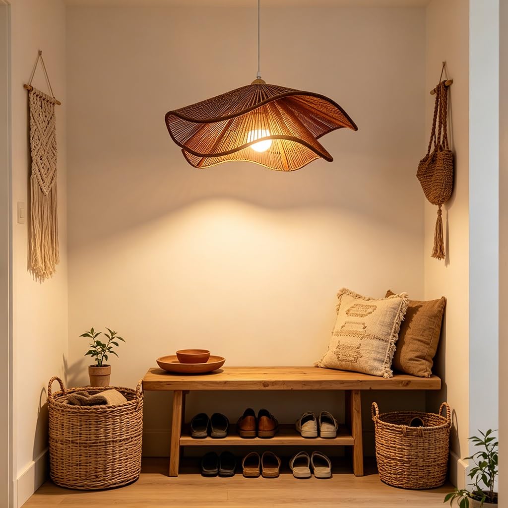 Handgewebte Rattan Pendelleuchte In Wellenform Boho Wabi Sabi Stil Höhenverstellbare Deckenlampe Aus Naturmaterial Für Wohnzimmer Esszimmer Schlafzimmer Küche Café Bauernhaus