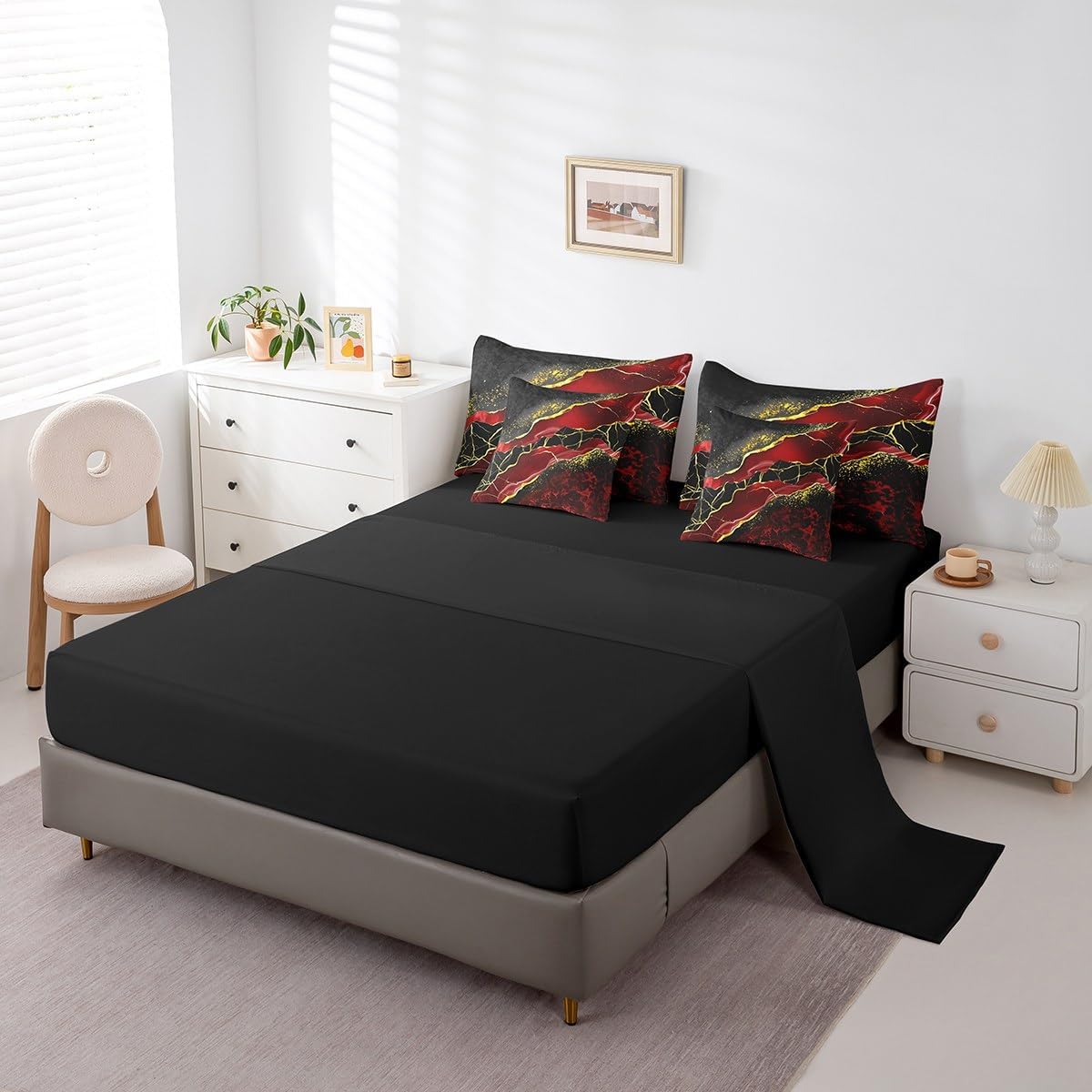 Erosebridal 7 Pcs Black Red Golden Marbling Crack Bed Set Queen Size Marble Comforter for Women Adults,Fluid Aesthetic Abstract Sheet Set Bed in A Bag Art Shiny Galaxy Bedroom Decor