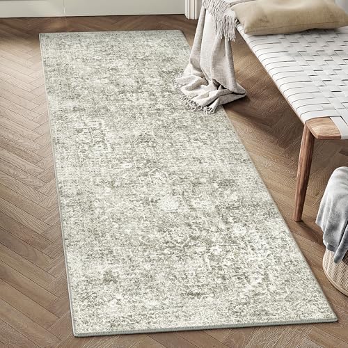 2x6 Runner Rug Washable Vintage Neutral Indoor Hallway Carpet Non Slip Taupe Bedroom Low Pile Kitchen Distressed Long Retro Accent Throw Rug for Bathroom Dining Laundry Living Room