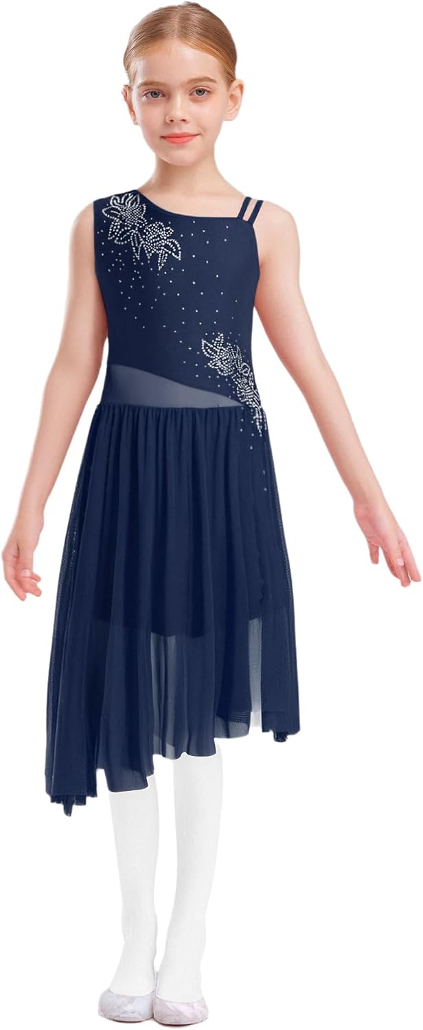 ranrann Kids Girls Modern Lyrical Dance Costume Sleeveless Sparkly Floral Ballet Leotard with Asymmetrical Skirt Dress