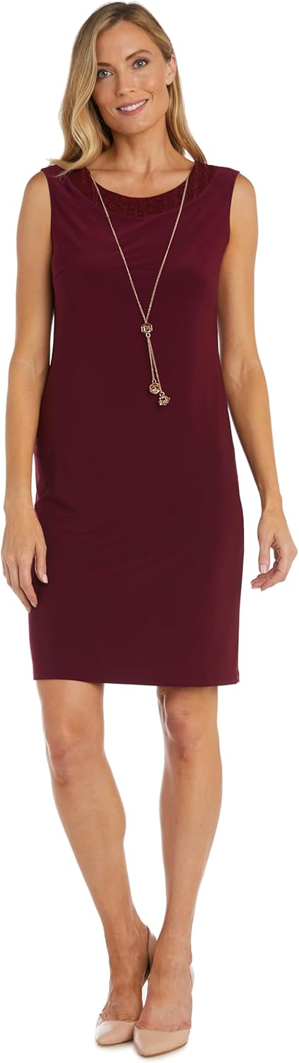 R&M Richards Women's 2-Piece Swing Jacket Dress Set W/Necklace | Metallic Rib Knit & Ity Formal Ensemble