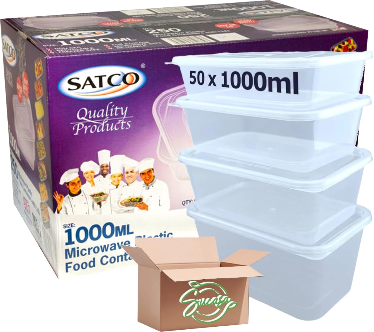 Sucasa Clear Plastic Food Takeaway Heavy Duty Satco Plastic Containers With Lids 50X1000ml | Durable Microwavable | Heavy Duty | Takeaway | Reusable & Disposable