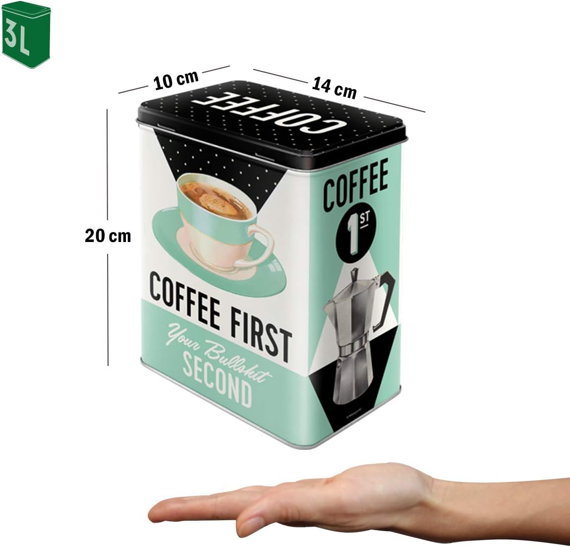 Nostalgic-Art 30146 Coffee First | Storage Jar | Storage Box | Coffee Tin/Metal L, 10 x 14 x 20 cm