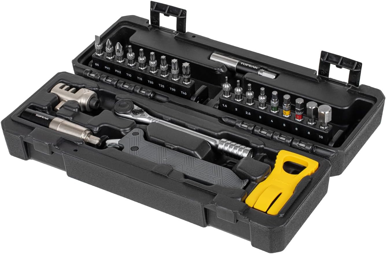 Topeak Essential Toolshop Kit – 24‑Piece Home Bike Repair Set with Ratchet Rocket HD, Nano TorqBar, Chain Tool & Portable Carry Case