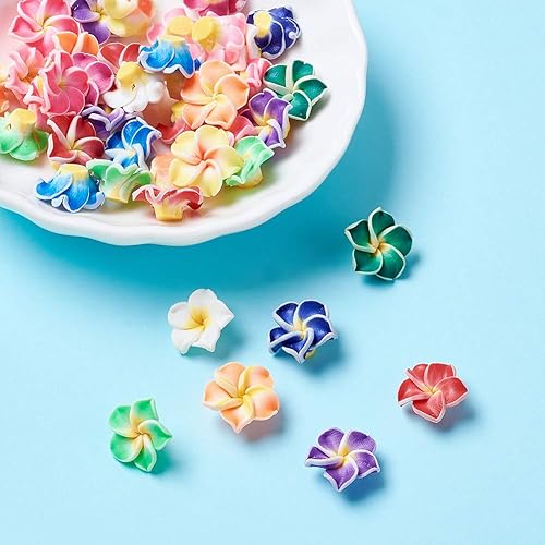 Miniatura 97 de Craftdady 200 cuentas sueltas de arcilla polimérica Plumeria Flower Spacer de 0.472 x 0.315 in, colores mezclados al azar, 5 pétalos, cuentas Flores