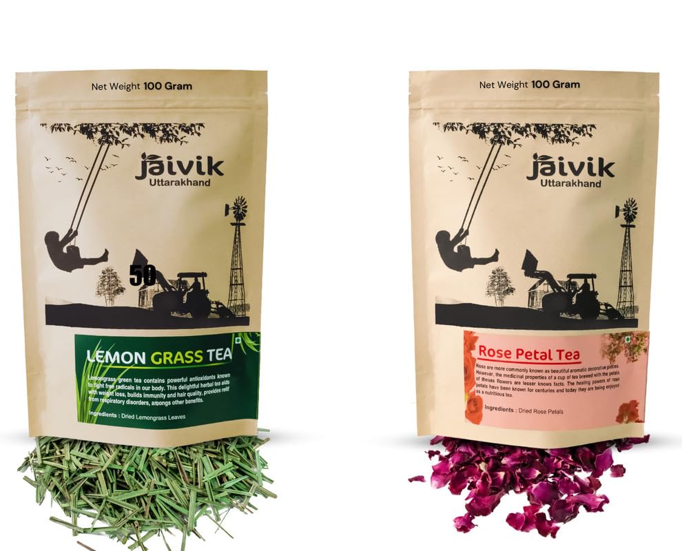 Image of Jaivik Uttarakhand- Lemongrass Tea, Rose Petals (100g each), Unique Blend Crafted Loose Leaf For Chai Lovers Across India, Combo (Pack Of 2)