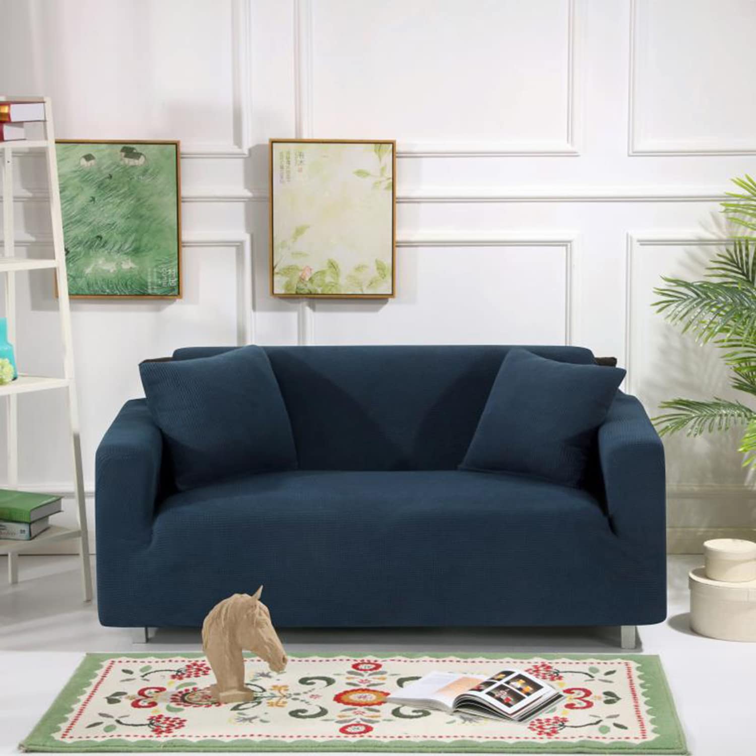 T/G ThinsGo High Stretch Sofa Cover, Anti-Slip Sofa Cover for 1/2/3/4 seats, Spandex Jacquard Fabric Small Checks Washable Furniture Protector Cover for Living Room, Kids, Pets (Navy,3 SEATS)