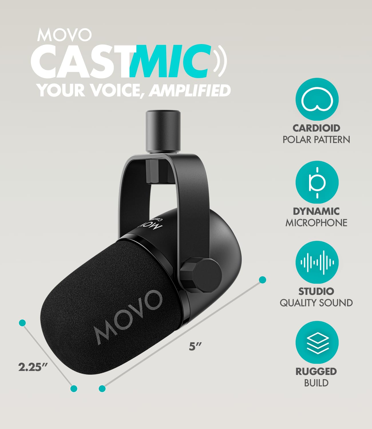 Movo CastMic Microfono Dinamico XLR per Podcast per PC, Gaming, Streaming, YouTube e Musicisti - Microfono Cardioide per Podcast per Creatori di Contenuti