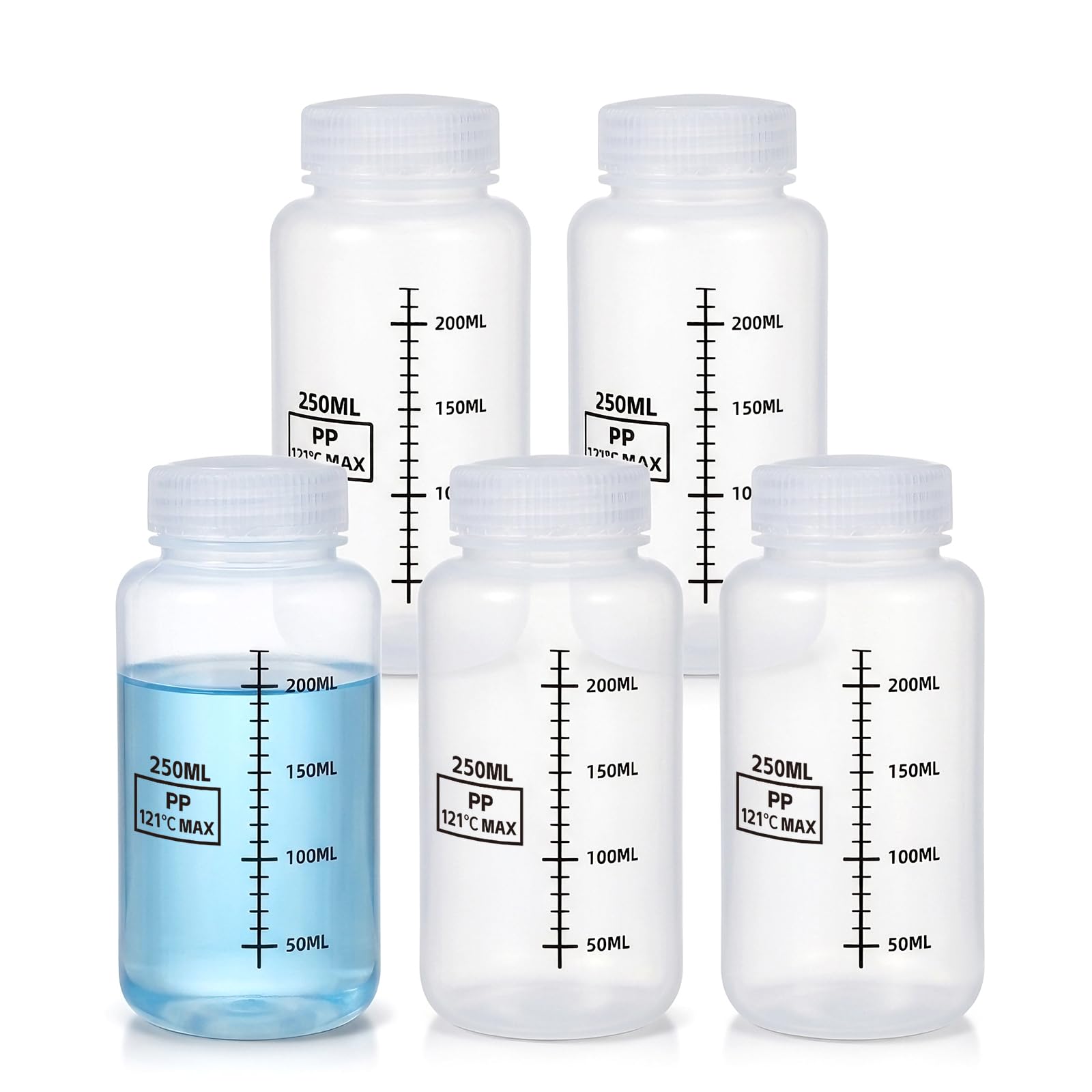 METAPACK 8 oz/250 ml Wide Mouth Plastic Bottles with Airtight Lids, Graduated Food Grade PP Sample Containers, Leakproof for Water, Lab Liquids, Medicine and Powder Storage, Clear, 5 Pack