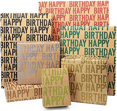 Happy Birthday Wrapping Paper For Men Boys Women Adults Kids Girls, Gift Wrapping Paper Recycled Multipack (7 Sheets,20 x 28 inches per sheet,27 Sq.ft. ttl,) W/ 10 Gift Tags Jute Twine Tape Stickers