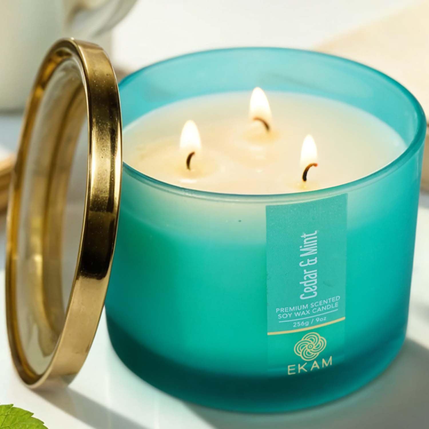 EKAM 3 Wick Soy Wax Scented Candle | Cedar & Mint Fragrance | 35 Hr Burn | Long Lasting Premium Jar Candle for Home Decor, Relaxation & Gifting