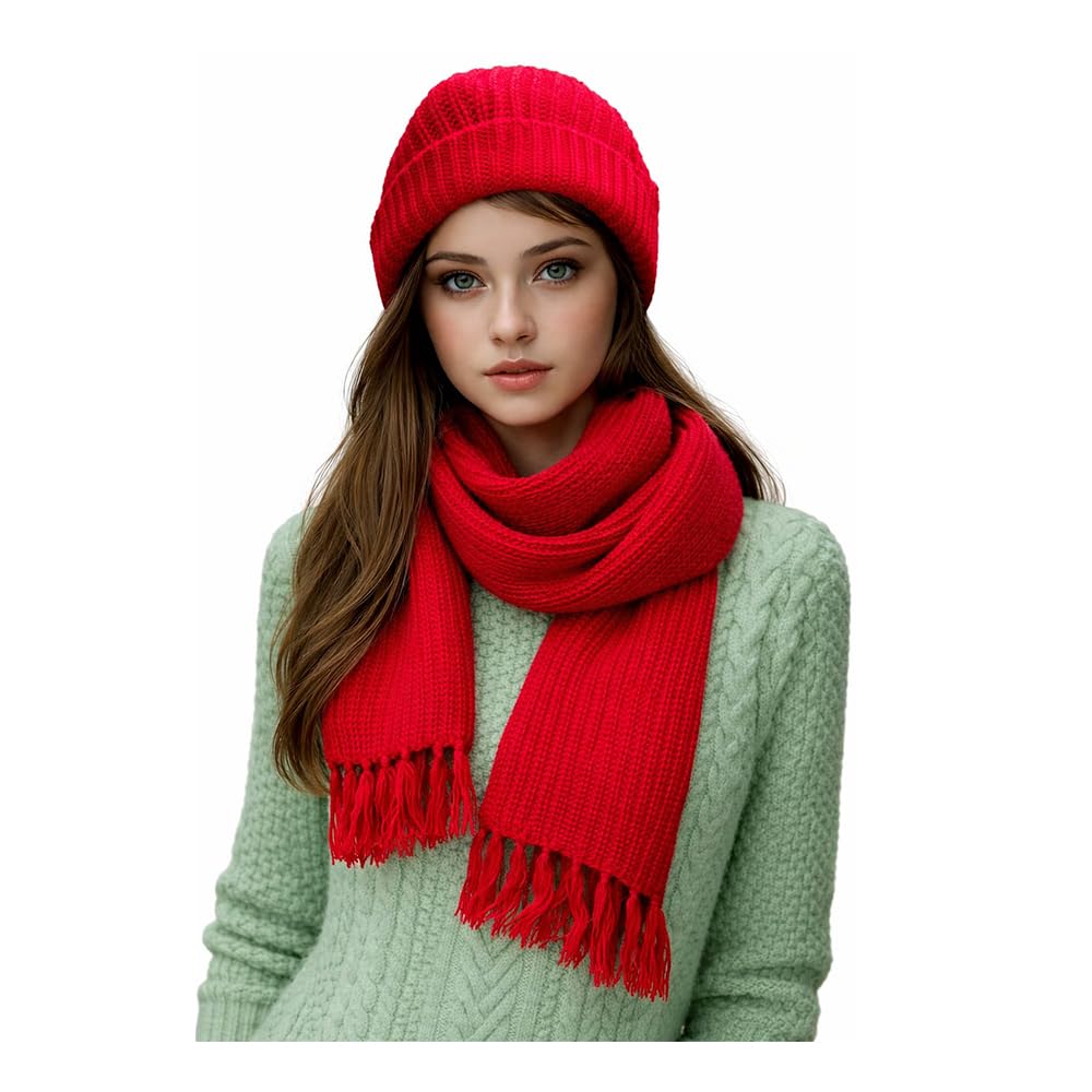 WOOLEN KNITTED CAP WITH MUFFLER (SCARF) WARM AND COMFORT RED-image-1