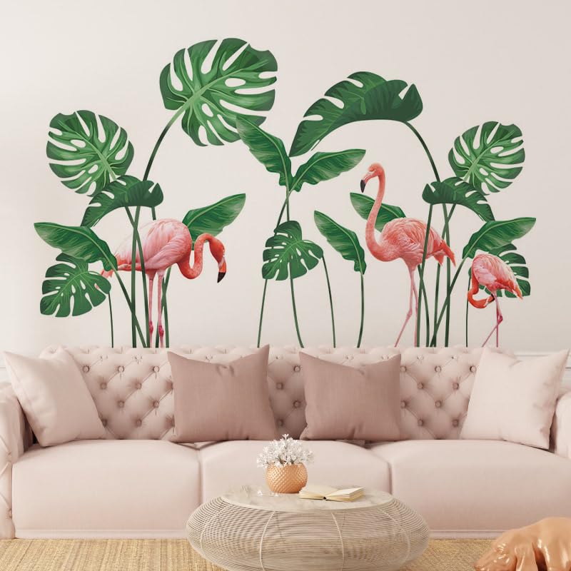 King Size 22,44'' x 46,45'' 3 Pcs Green Monstera's Leaves & Flamingos Wall Stickers Peel and Stick Removable Decal Stick Wall Art Home for Bedroom Living Room Bathroom Wall Decoration Wall Sticker