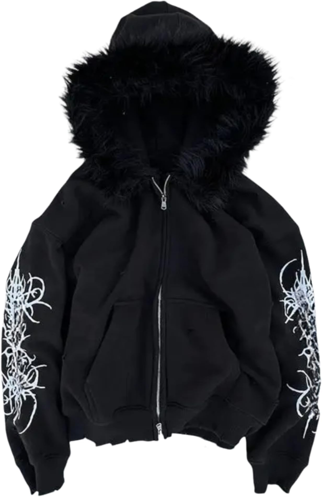 Oversized Y2k Emo Goth Fall Winter Baggy Sweatshirts 2000s Graphic Hoodie Grunge Fur Hood Zip Up Hoodie Women Men