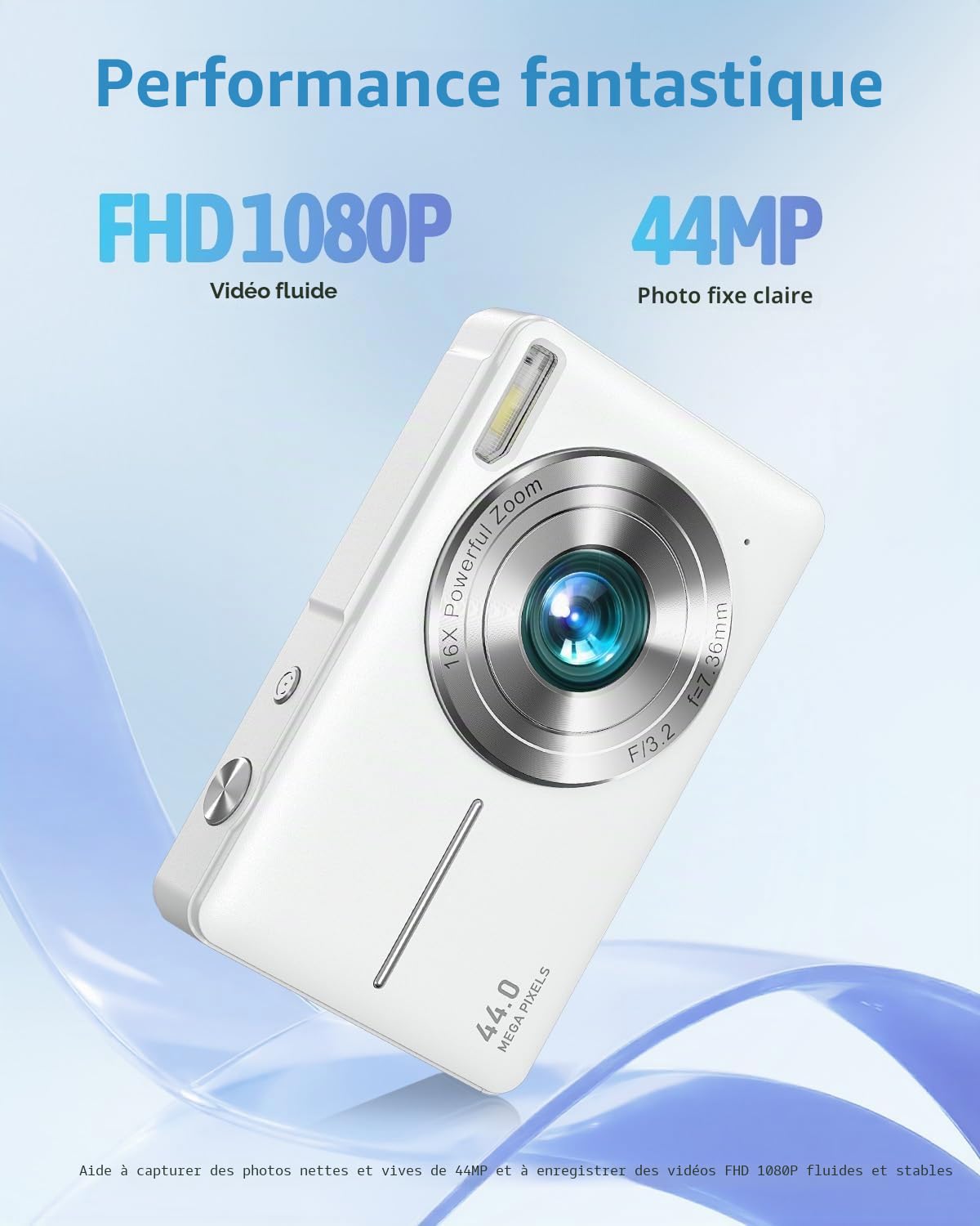 Appareil Photo Numérique, FHD 1080P Autofocus 44MP Appareil Photo Enfant avec Carte 32GB, Zoom 16X, Anti-Shake, ​​2 Batteries, Appareil Photo Compact pour Enfants Adultes ​​Débutants​ (Blanc)
