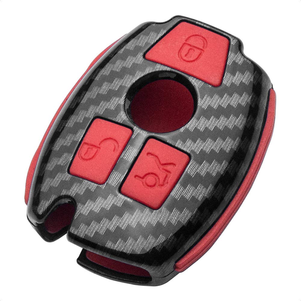 TANGSEN Smart Key Fob Case Compatible with Mercedes Benz A B C CLA CLS E G GL GLA GLC GLE GLK GLS GT M R S SL SLC SLK SLS Viano 3 Button Keyless Entry Remote Cover Plastic Carbon Fiber Red Silicone
