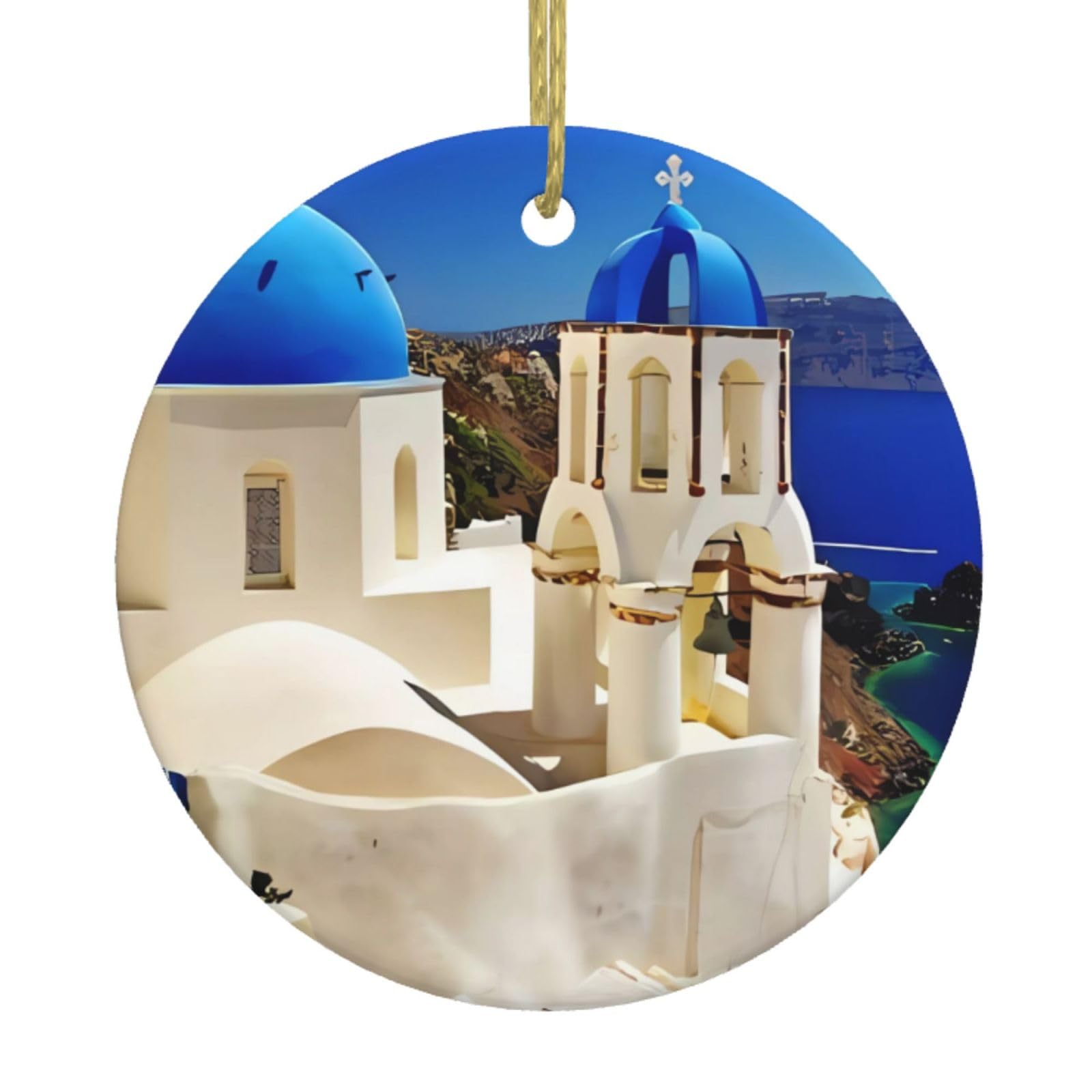 Orcow White Santorini Greek Island Sea View Print Personalised Christmas Bauble, Ceramic Round Christmas Hanging Ornament, Christmas Tree Decoration For Boyfriend Girlfriend Wife Xmas Gifts