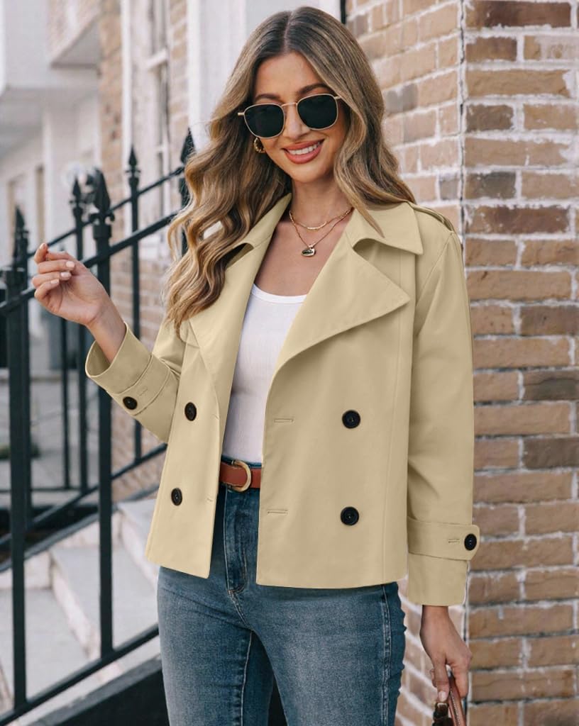 Muchpow Womens Cropped Trench Coat Casual Double Breasted Work Office Short Crop Coats Jacket with Belt - Image 3