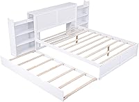 Vista 7 de RUNNA Elegante cama de plataforma de tamaño Queen con estantes extraíbles, cama de almacenamiento de madera con nido de tamaño individual