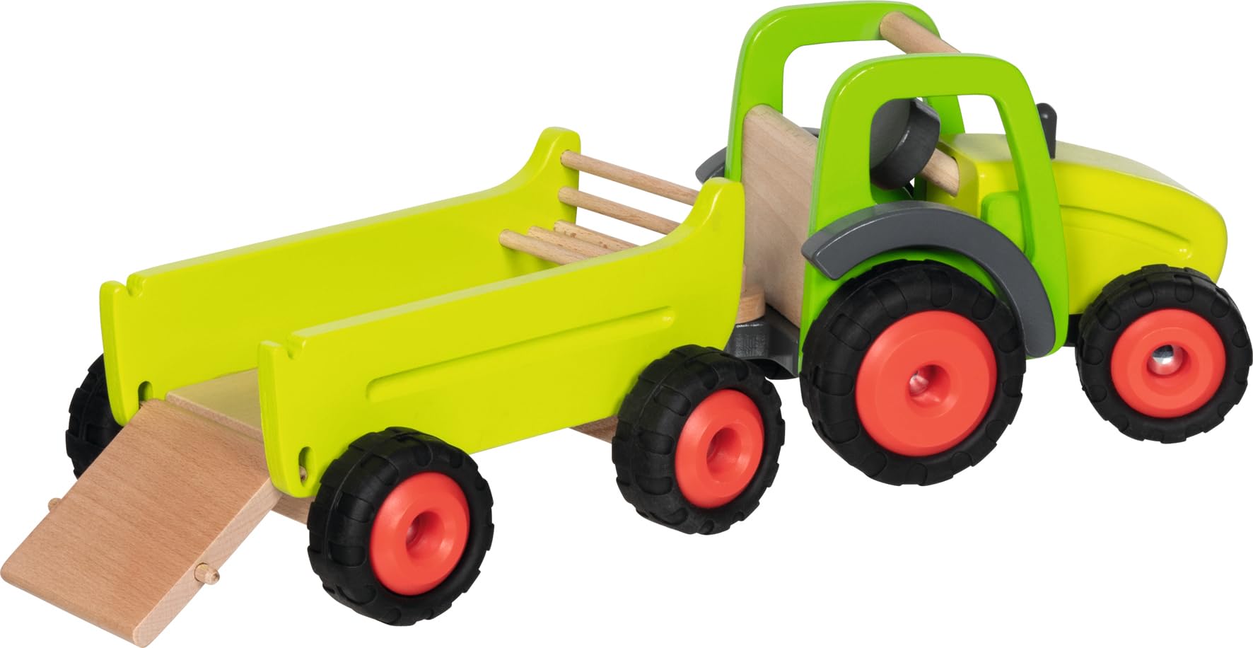 goki 55886 Traktor mit Anhänger aus massivem Buchenholz, Maße 45 x 16,5 x 16,5 cm – lenkbar, Gummibereifung, Robustes Holz-Spielzeug