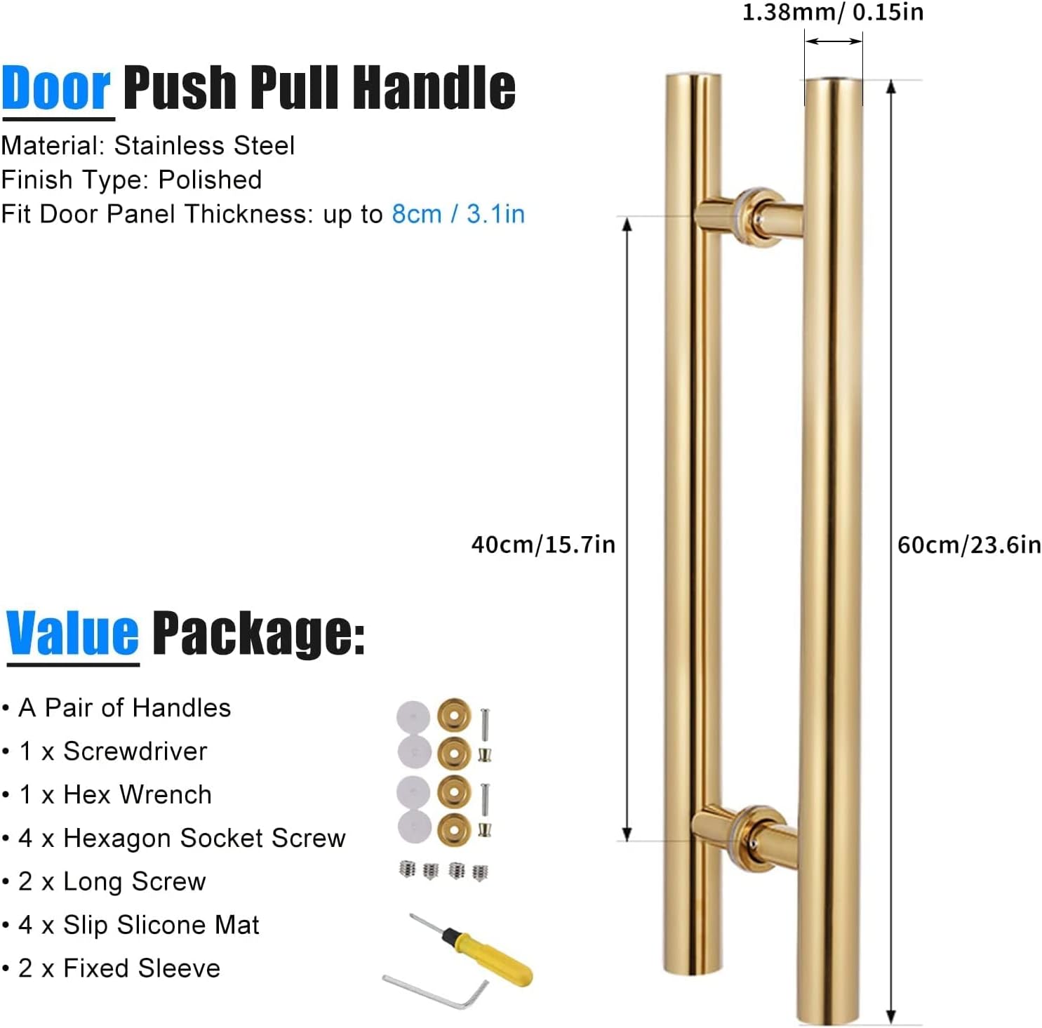 Long Glass Door Bar Handle Set, Round Sliding Door Push Pull Handle with Mounting Hardware, 304 Stainless Steel Patio Wooden Door Handle (Gold 60cm/23.6in)