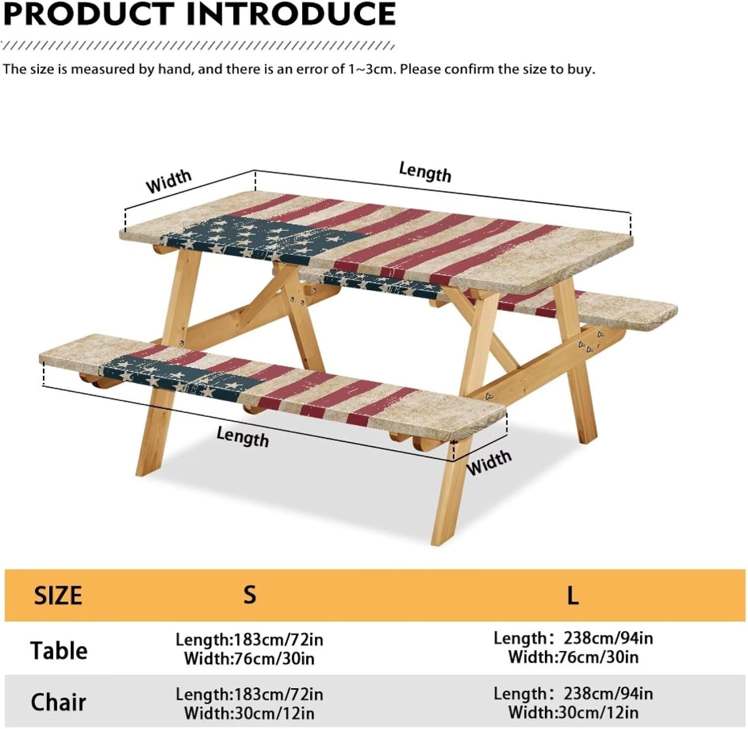 Binienty Vintage American Flag Table Cover + 2 Bench Protectors Outdoor Camping RV Travel Essentials Elastic Fitted Tablecloth Portable Design for RV Storage, Fits Standard 6-Foot Tables