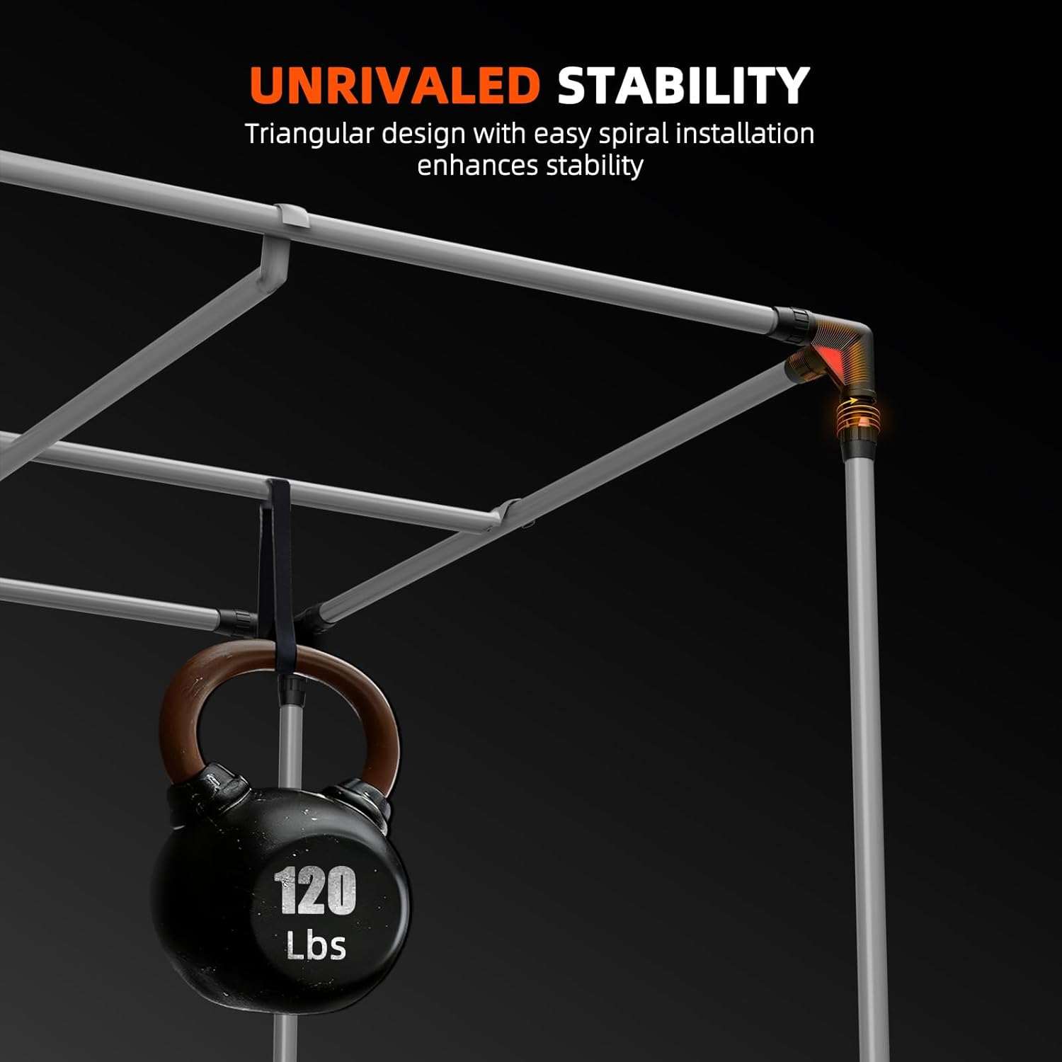 Diagram illustrating the reinforced steel frame of the grow tent, showing a kettlebell weighing 120 lbs hanging from the frame to demonstrate its stability.