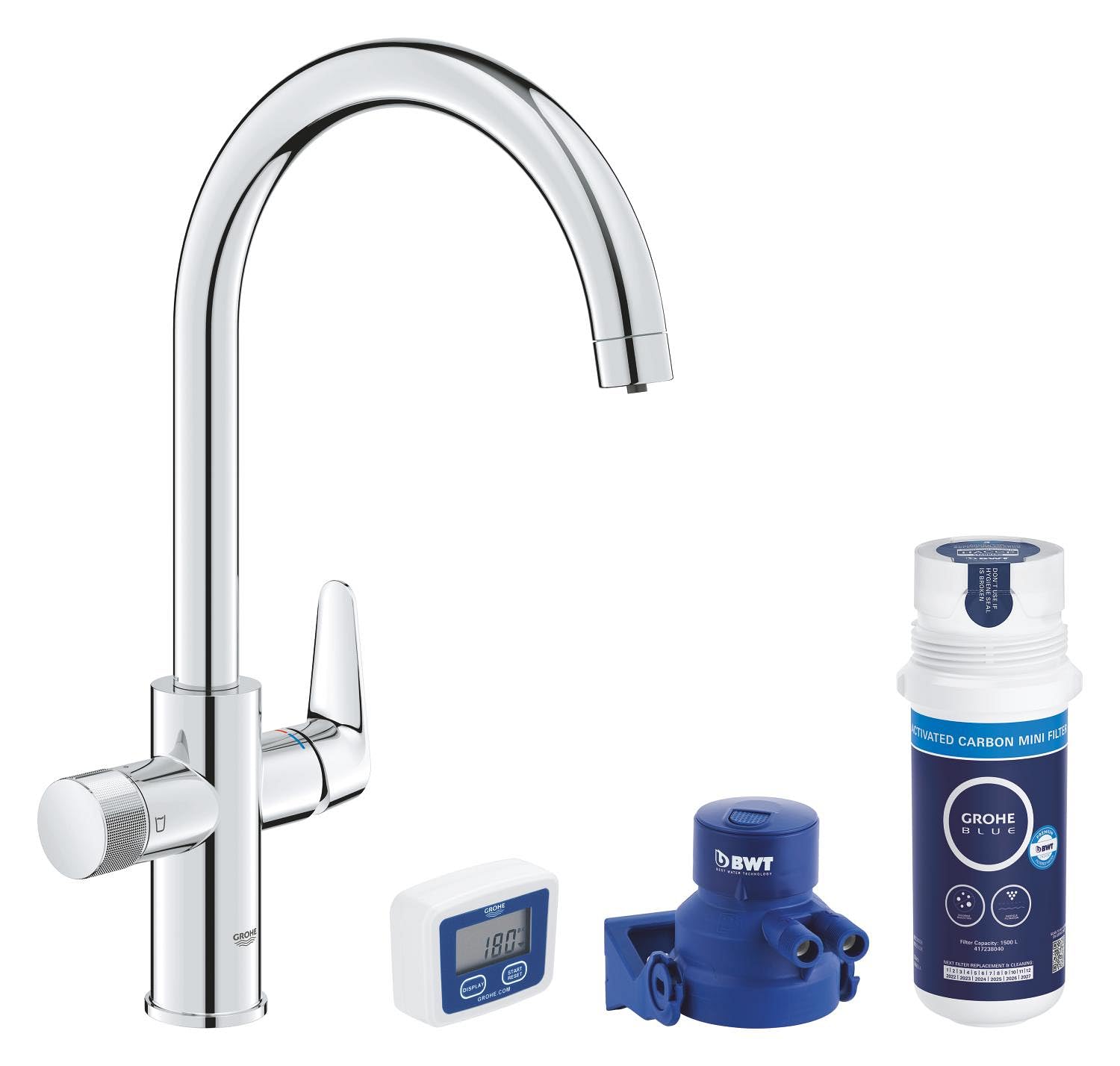 GROHE Blue Pure StartCurve, Kit de démarrage Eau Filtrée, Robinet de Cuisine avec Système de Filtration et Filtre Charbon Compact, Chromé, 30593000