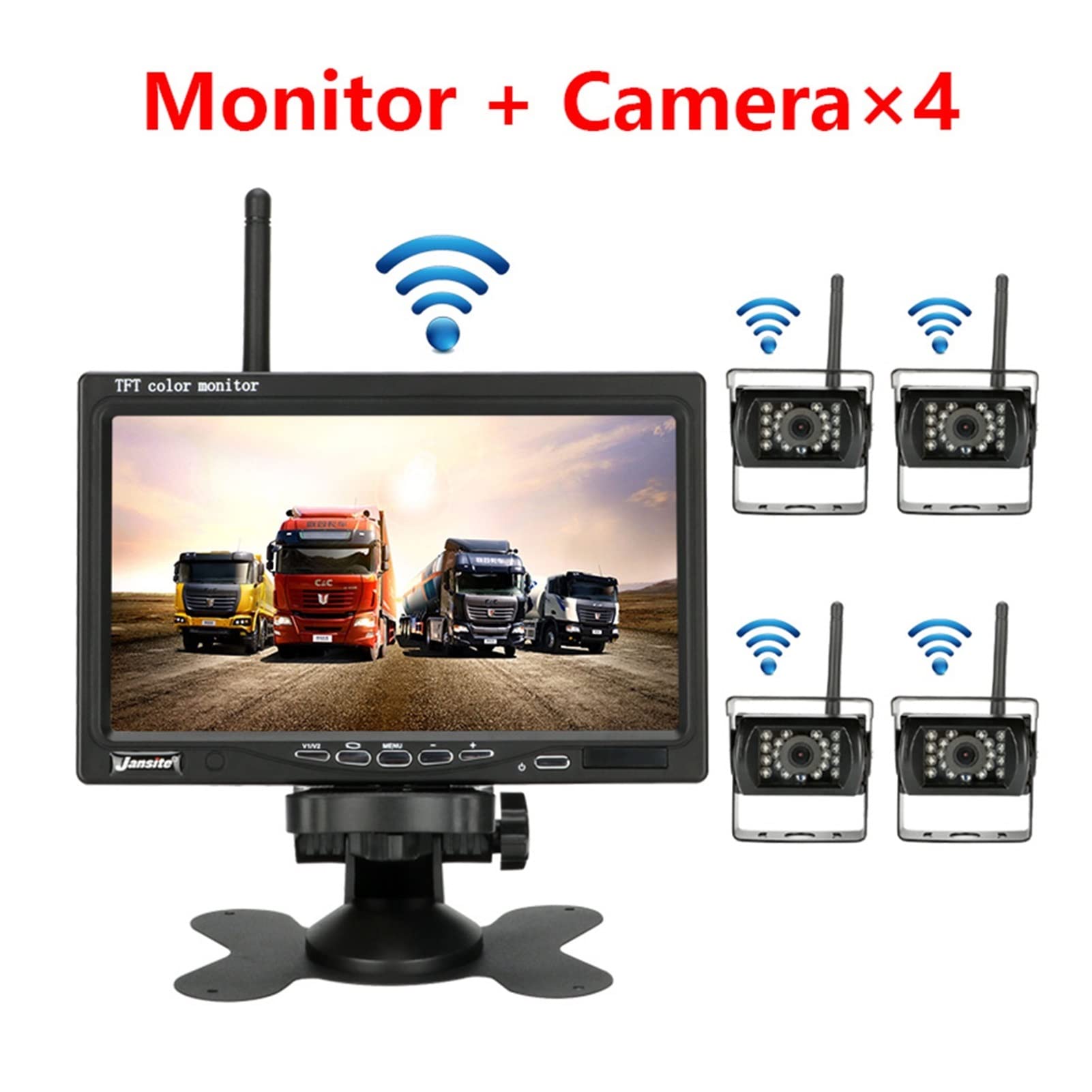GPS pour Voiture, Moniteur de Camion sans Fil 7 "Appareil Photo arrière WiFi 18 lumières Infrarouge Vision Nocturne Enregistreur Sauvegarde inversée for Voiture Bus RV Excavatrice(Kit with 4 Cameras)