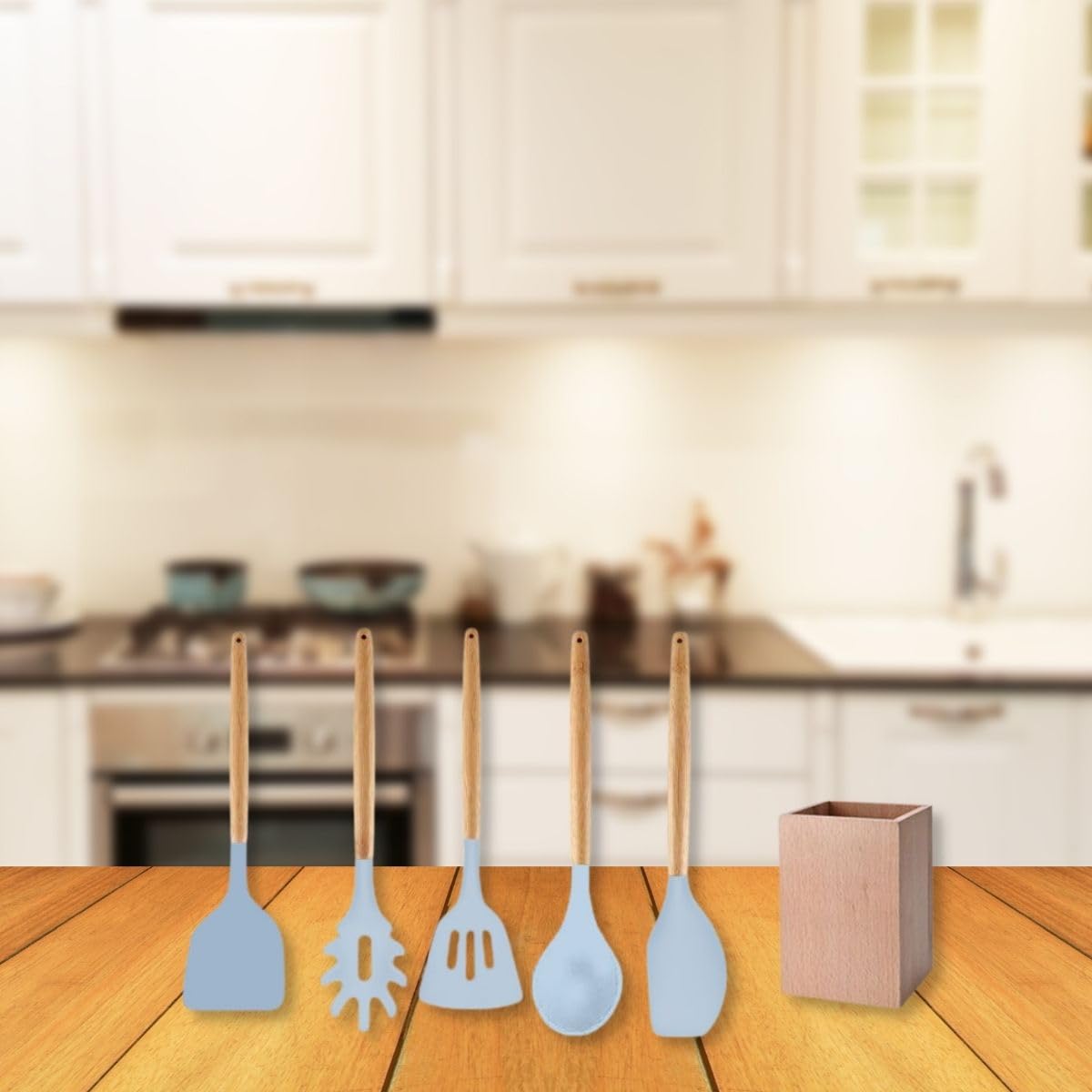 Fackelmann 30178 - Set di 5 utensili da cucina, set di cucchiai e spatole da cucina e supporto in legno, silicone, legno FSC, 32 cm