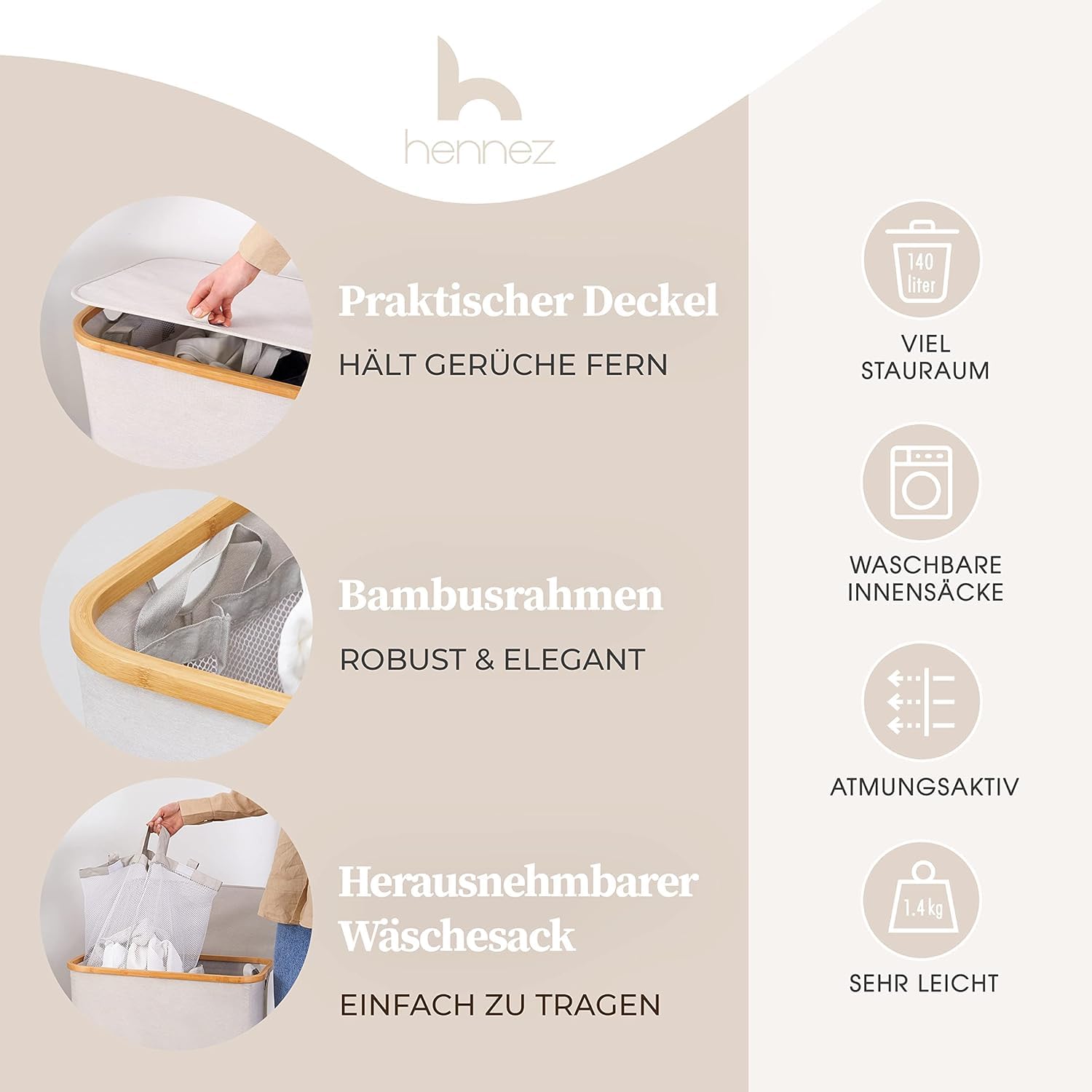HENNEZ Wäschekorb mit Deckel 2 Fächer Wäschekorb Beige - Grau 140L Wäschesack schmal - Wäschesortierer Wäschebox Wäschetonne Wäschesammler mit Deckel Wäschetruhe Wäschekörbe laundry baskets