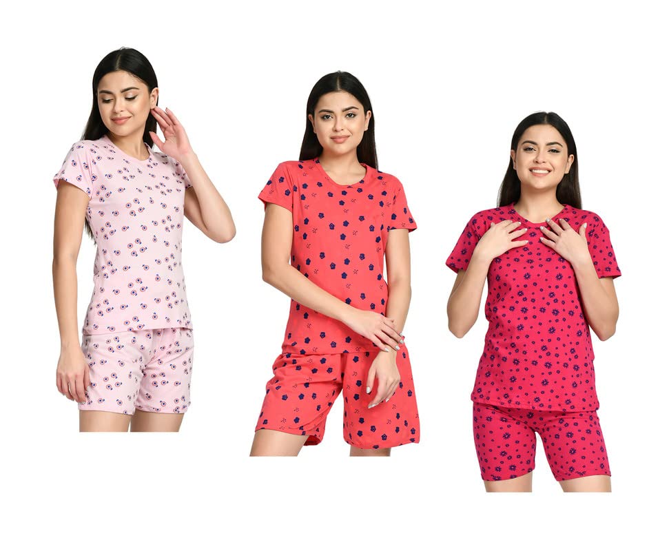 Image of IndiWeaves Cotton Printed Tops and Shorts Set Night Suit for Women (Pack of 3) Pink::Caret::Red